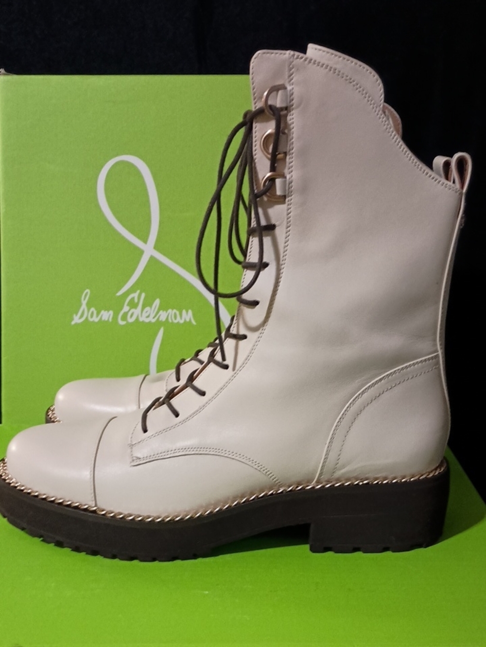 NWB Sam Edelman LENLEY Ivory Leather Gold Chain Combat Boots Women's Size 10M